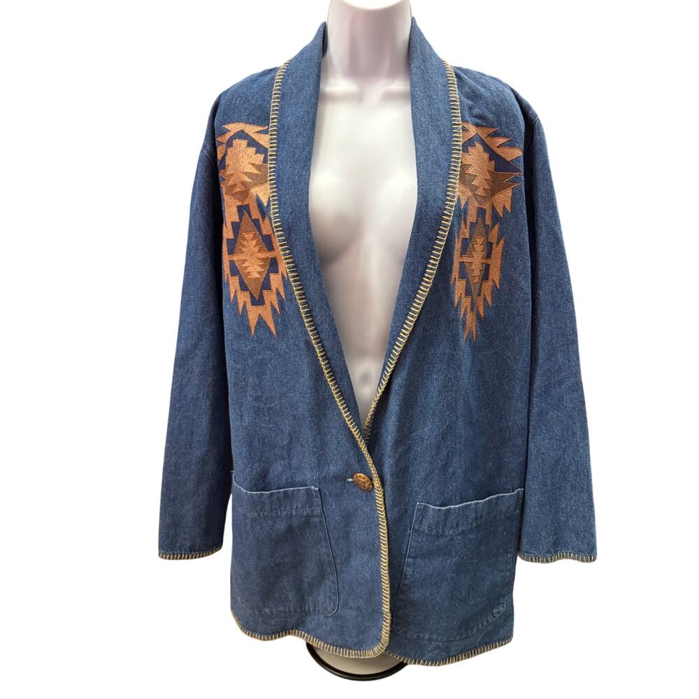 Gotcha Covered women L Blue Jean Tribal jacket denim embroided Front pocket